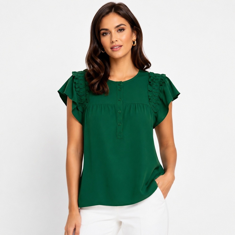 Les Serein Keekee Flutter Sleeve Blouse Green Ruffle Button Front Top S NEW